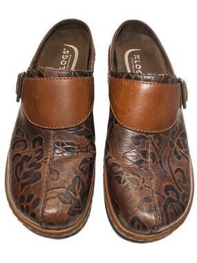 KLOGS Footwear Austin Brown Flower Tooled Leather Clogs Women’s Size 8.5 M